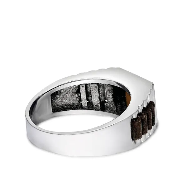 Tigers Eye Jewelry Man Statement Solid Fine 14k White Gold Men's Heavy Wide Ring