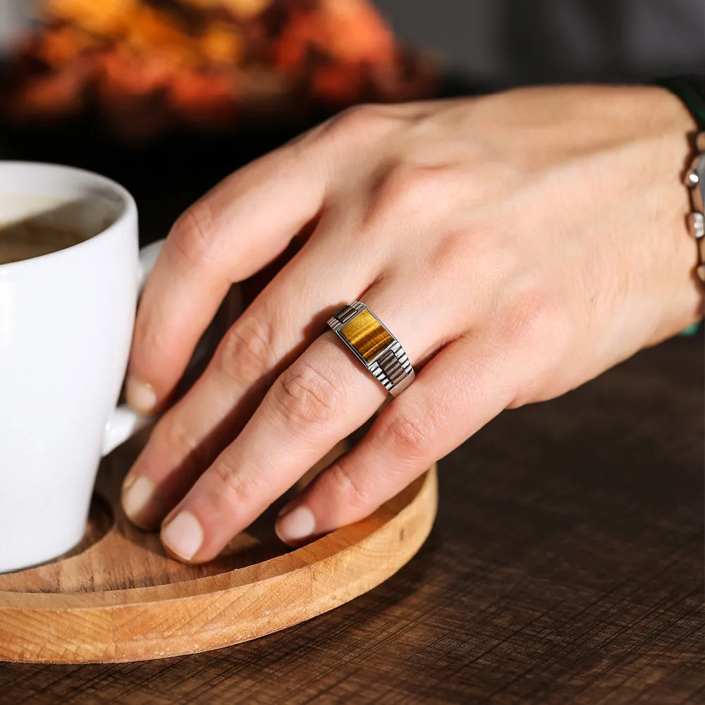 Tigers Eye Jewelry Man Statement Solid Fine 14k White Gold Men's Heavy Wide Ring