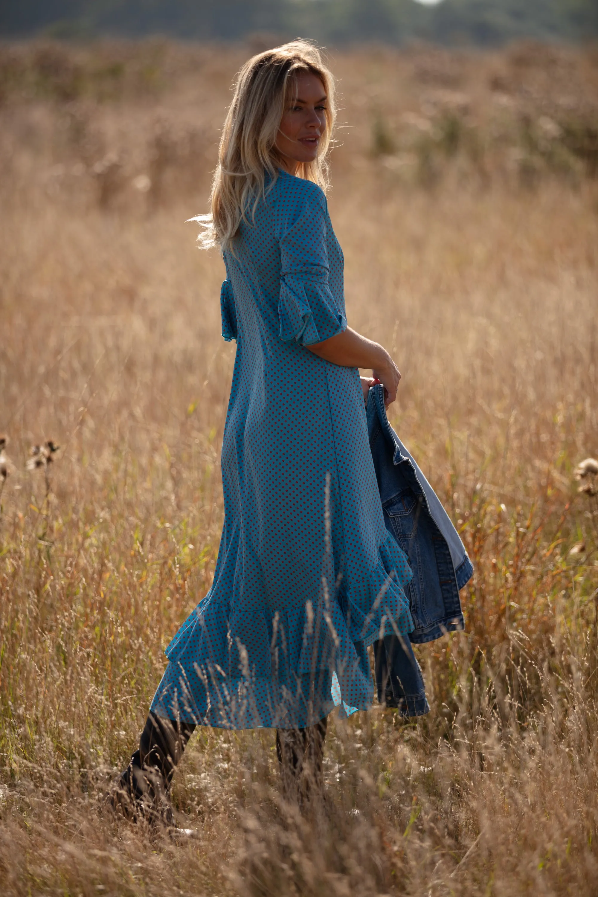 Victoria Midi Dress in Blue with Orange Spot