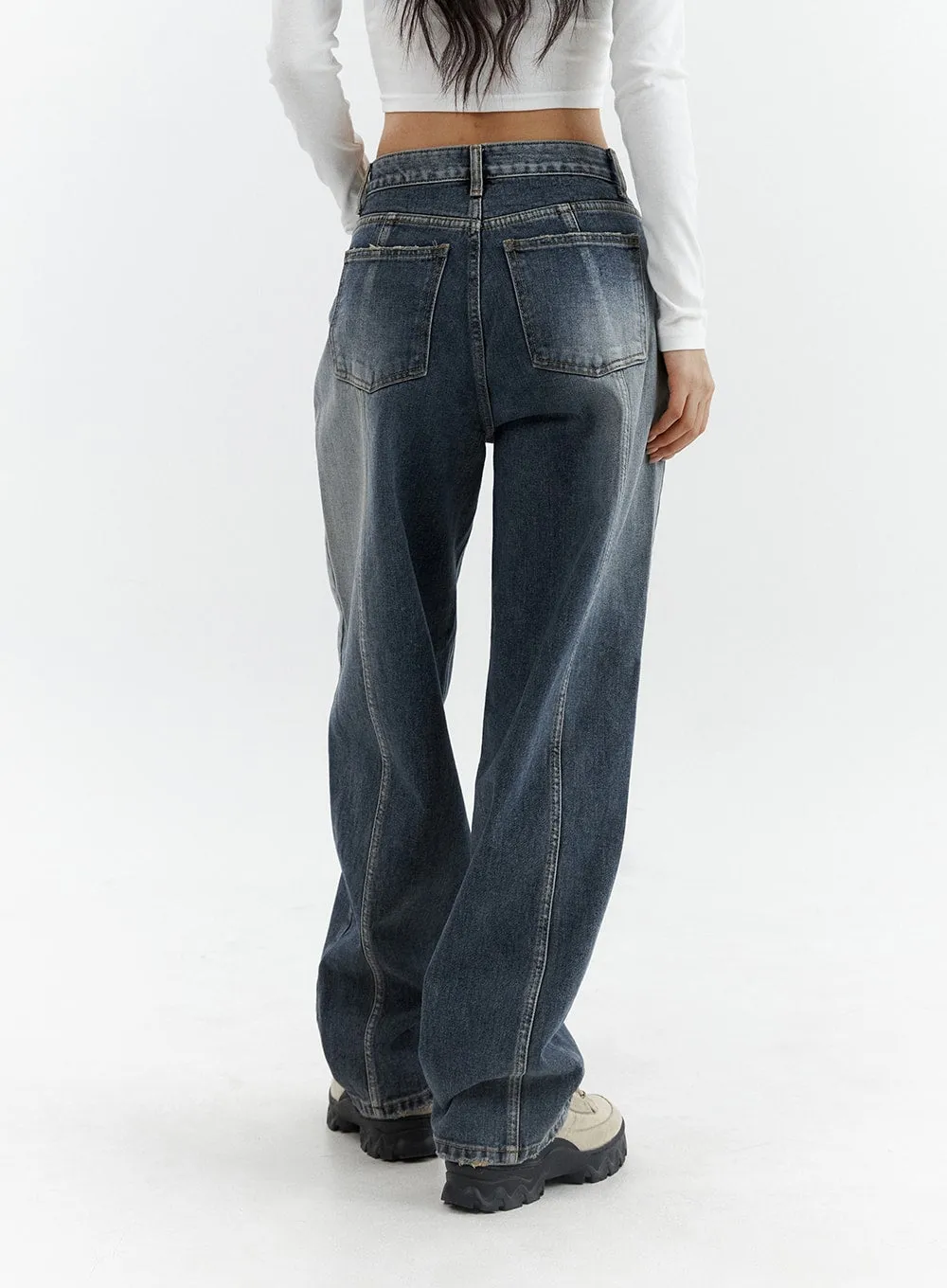 Washed Button Straight Leg Jeans CJ425