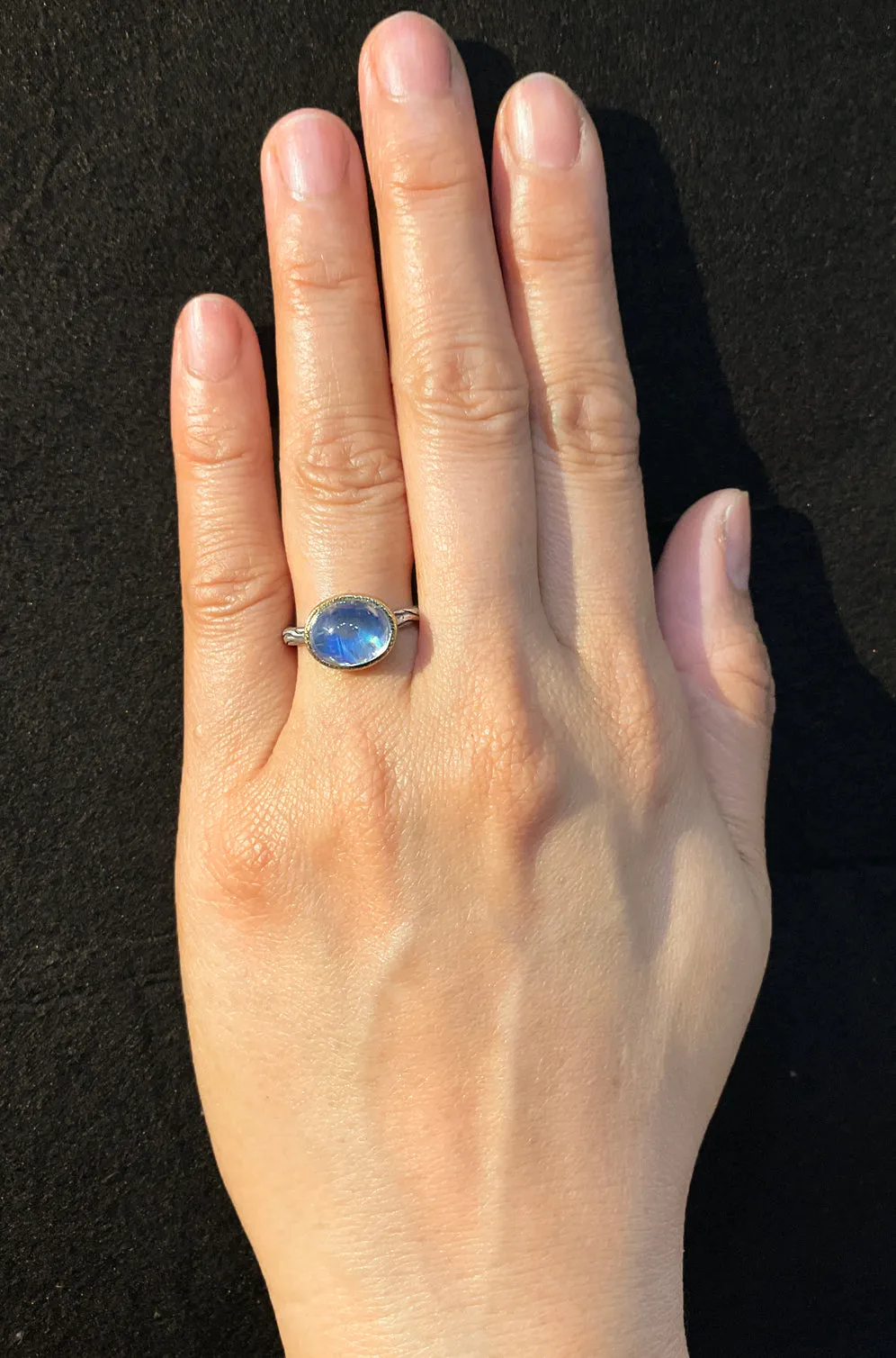 Wood Grain Texture Ring with Oval Rainbow Moonstone