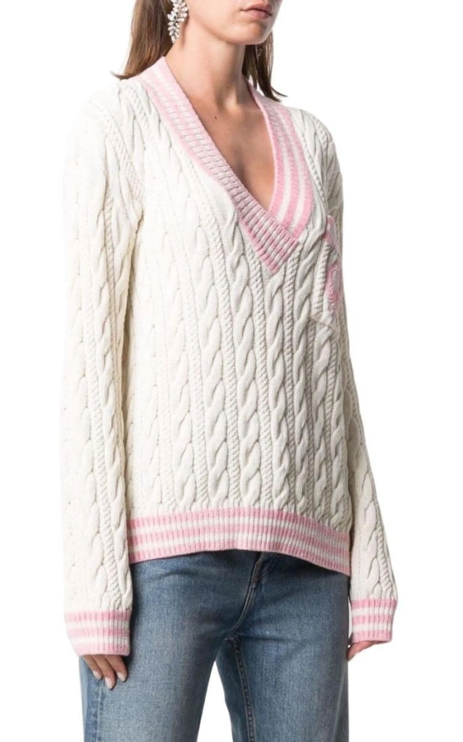 Wool-Blend Cable Knit Sweater With Patch